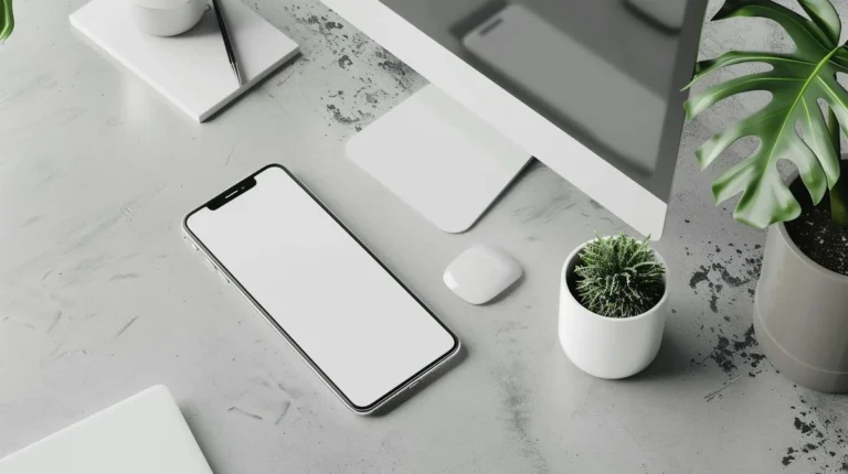 Trabajo Tranquilo: como dejar de correr contra el reloj y re... — A clean minimalist workspace featuring a smartphone, computer, and plants on a c