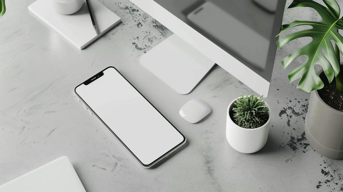 Dejar de apagar incendios: el sistema para trabajar con calm — A clean minimalist workspace featuring a smartphone, computer, and plants on a c