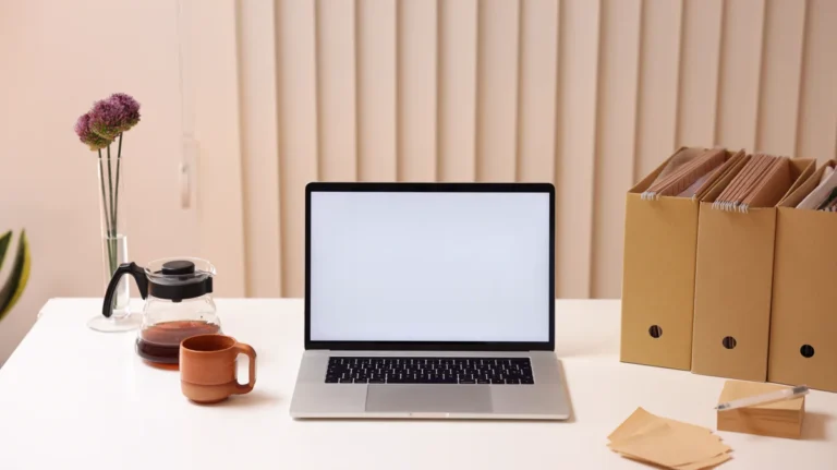 Portátil de pantalla vacía en un espacio de trabajo